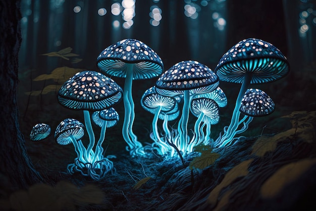 Goup of bioluminescent mushrooms growing in a bizarre extraterrestrial forest illustration generative ai