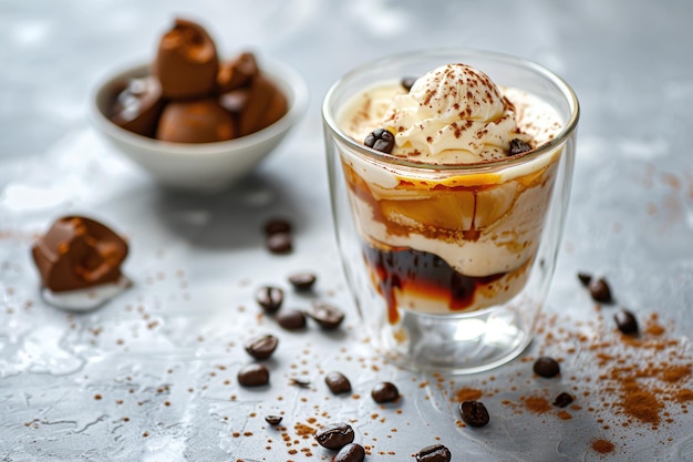 Photo gourmet affogato coffee dessert with ice cream and espresso in a sunlit cafe setting a delicious