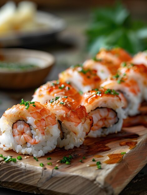 Photo gourmet amaebi nigiri sushi with sweet shrimp on rustic wooden board