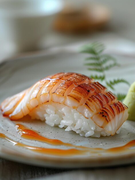 Photo gourmet anago nigiri eel sushi glazed with soy sauce in an elegant setting