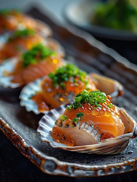 Gourmet Aoyagi sashimi with clams roe and garnish on a noble plate