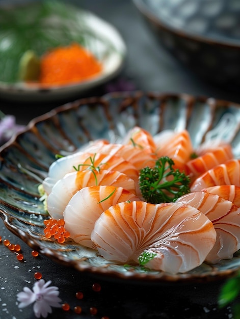 Photo gourmet aoyagi sashimi with clams and roe on a noble dark plate