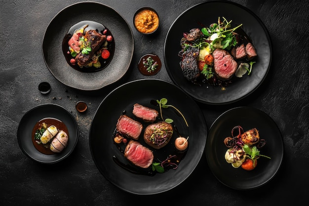 Photo a gourmet arrangement of various meat dishes presented on elegant black plates