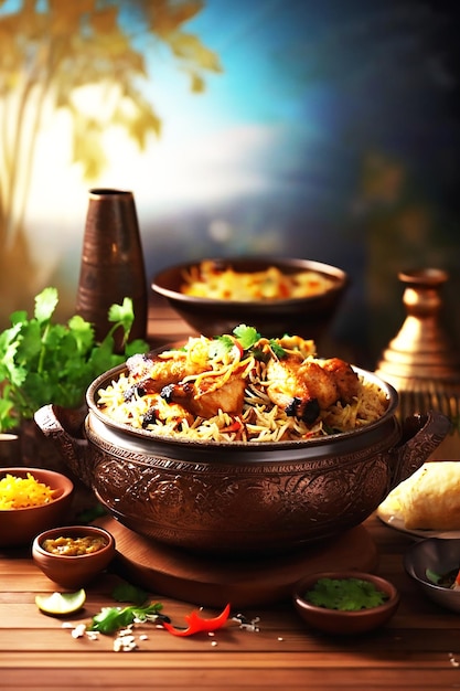 Gourmet biryani with saffron rice and chicken generated by AI