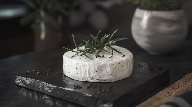 Photo a gourmet brie cheese wheel garnished with fresh herbs sits enticingly on a dark slate serving board embodying culinary sophistication