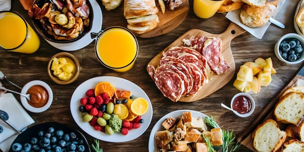 Gourmet brunch spread on rustic table