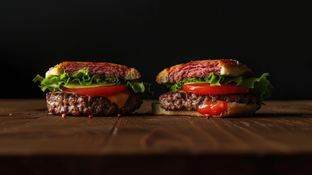 Photo a gourmet burger sliced in half to reveal layers