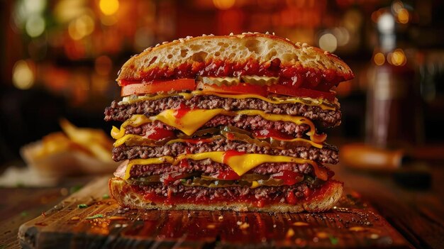 Photo a gourmet burger sliced in half to reveal layers