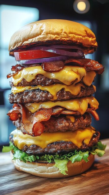 Photo gourmet burger a tower of cheesy indulgence