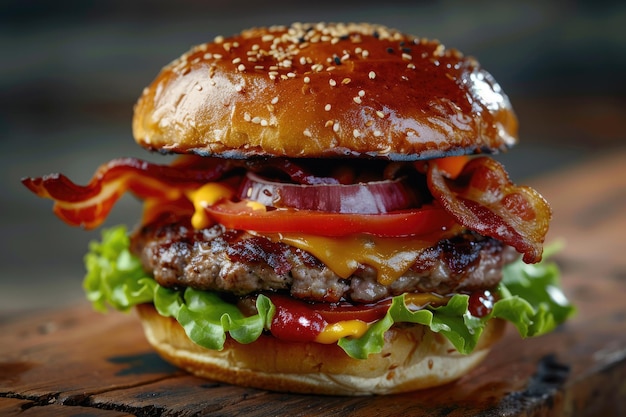 Gourmet Burger with Cheese Bacon Lettuce Tomato and Onion on Brioche Bun