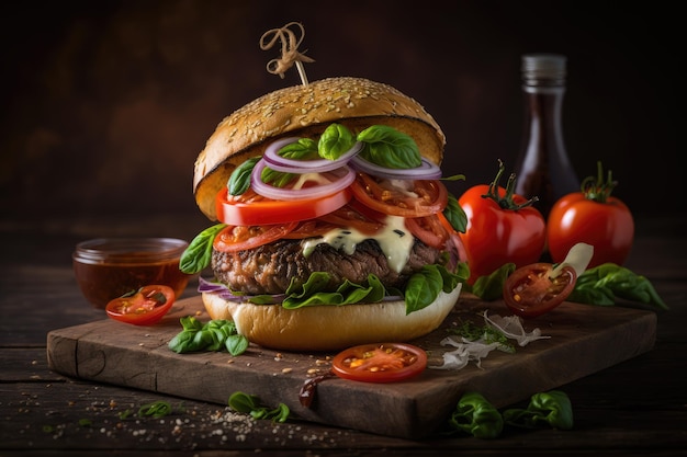 Gourmet burger with fresh tomatoes and caramelized onions