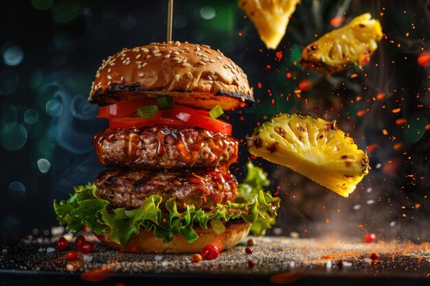 Gourmet Burger with Pineapple and Fresh Lettuce A Tropical and Flavorful Delight with Sesame Bun