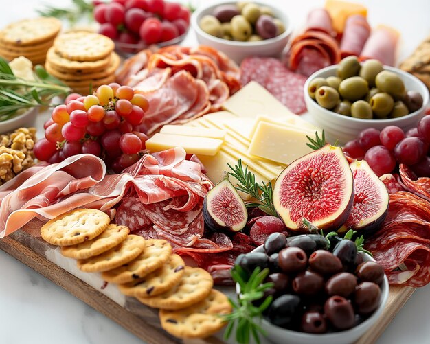 Photo gourmet charcuterie board with variety of cheese meats and fruits