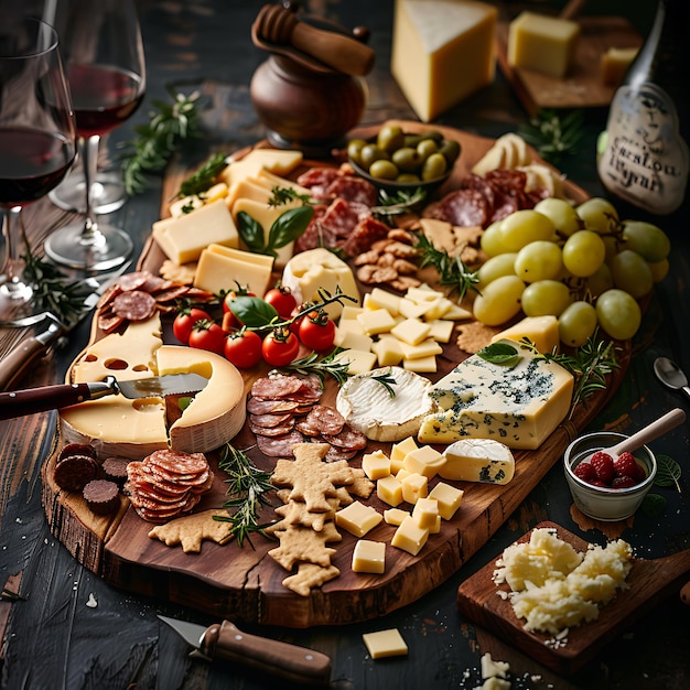 Photo gourmet cheese board with red wine and grapes