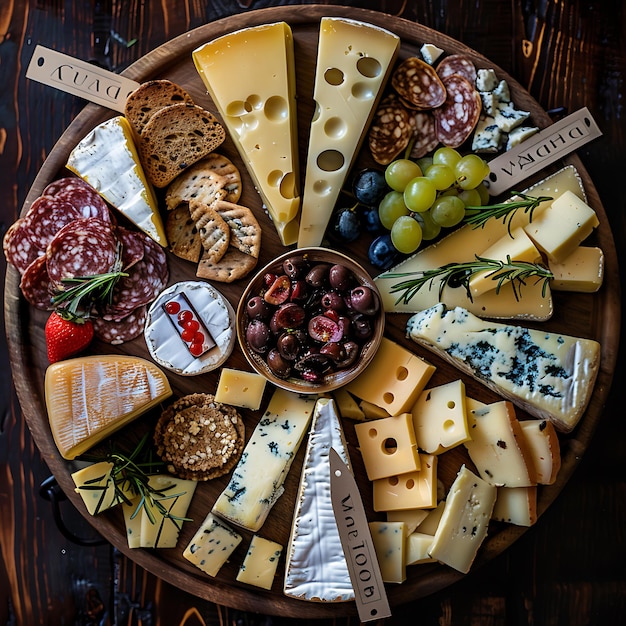 Photo gourmet cheese board with salami grapes olives and crackers