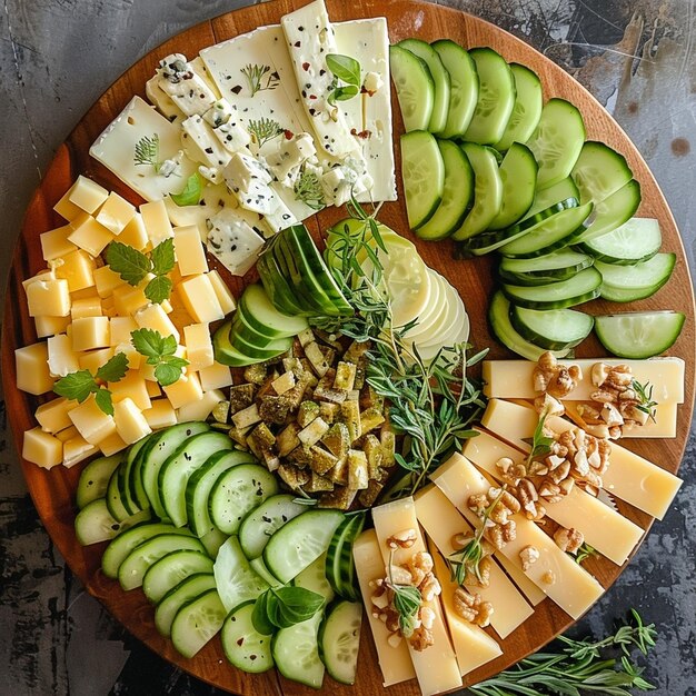 Gourmet cheese platter with fresh cucumber slices ready for serving