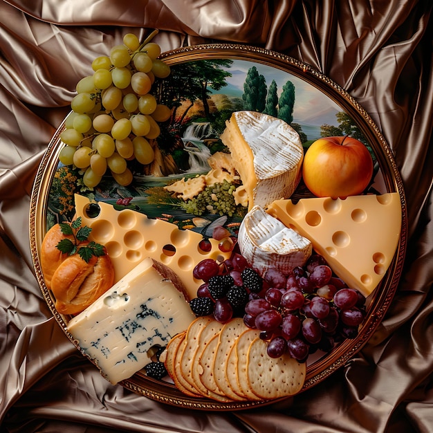 Photo gourmet cheese platter with grapes apple and crackers on a gilded tray