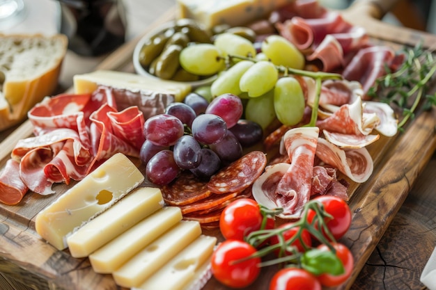 Gourmet Cheese Platter with Grapes Nuts and Meats on Wooden Board