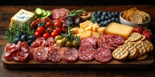 Gourmet Cheese and Salami Charcuterie Board with Crackers and Fruit