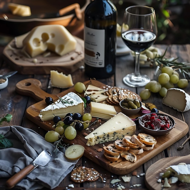 Photo gourmet cheese and wine pairing on a rustic wooden board