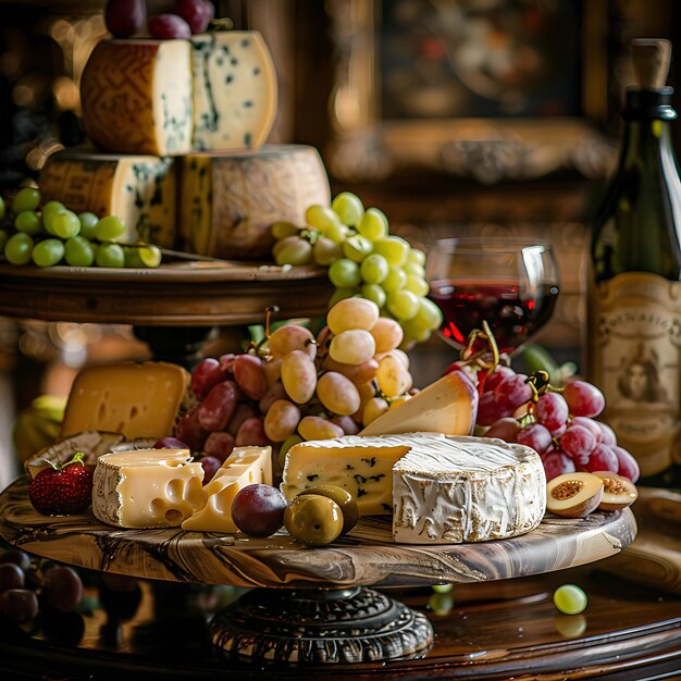 Photo gourmet cheese and wine platter with grapes and olives