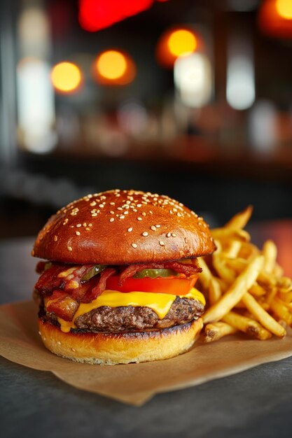 Gourmet cheeseburger on a craft paper against blurred restaurant interior background