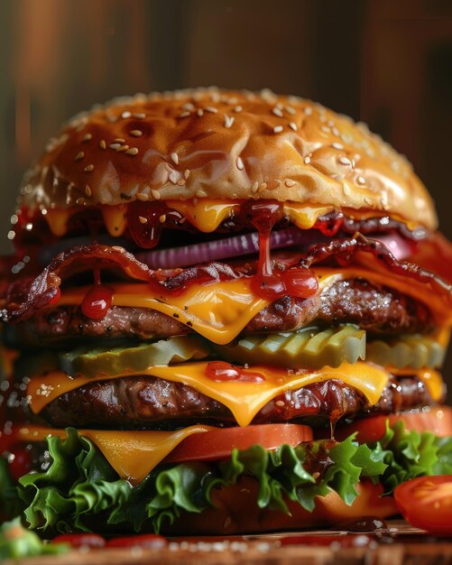 Gourmet Cheeseburger on Rustic Wooden Table