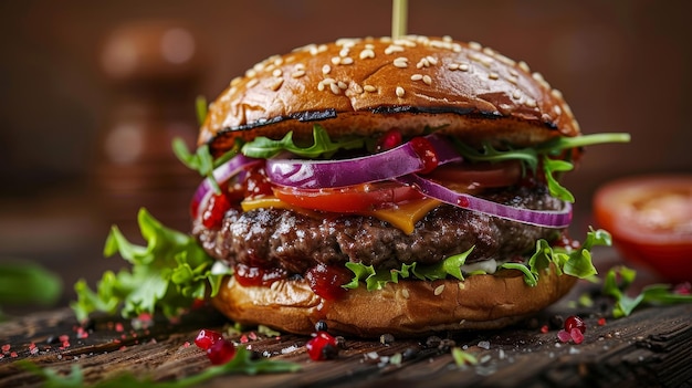 Gourmet Cheeseburger with Fresh Veggies A mouthwatering gourmet cheeseburger with fresh lettu