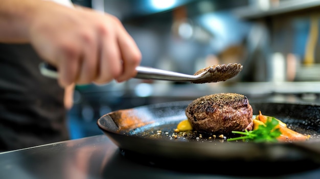 Photo gourmet chef cooking juicy steak in professional kitchen