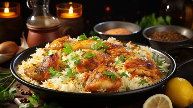 Gourmet chicken biryani with steamed basmati rice