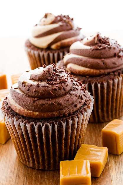 Gourmet chocolate caramel swirl cupcake with chocolate sprikles.