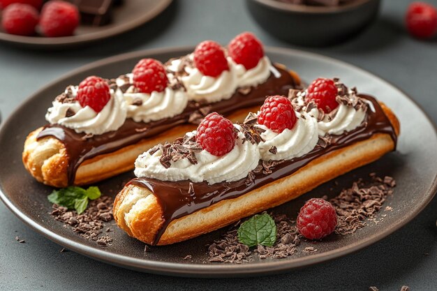 Gourmet chocolate eclairs with whipped cream topping creative dessert graphy