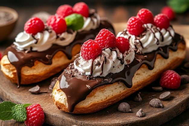 Gourmet chocolate eclairs with whipped cream topping creative dessert graphy