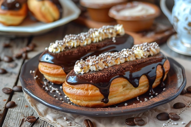 Photo gourmet chocolate eclairs with whipped cream topping creative dessert photography