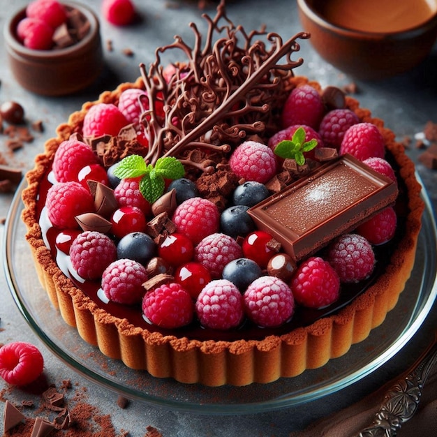 A gourmet chocolate raspberry tart dessert on glass dish