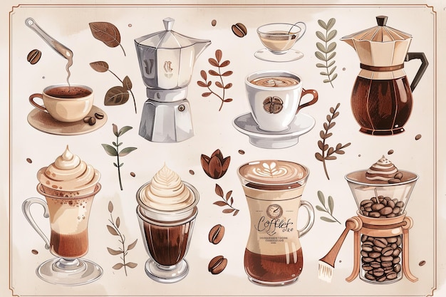 Photo gourmet coffee break a digital planner sticker set dedicated to the art of gourmet coffee featuring sophisticated illustrations