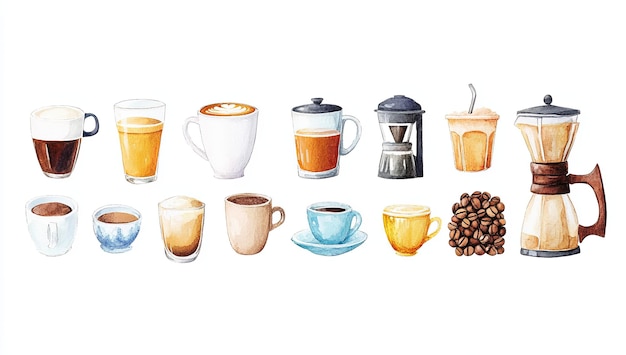 Photo gourmet coffee a watercolor clipart set featuring various types of coffee