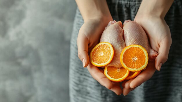 Photo gourmet cooking woman holding raw chicken with orange slices