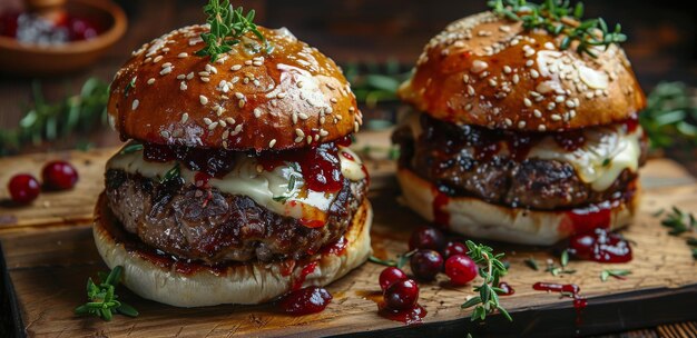 Gourmet Cranberry Rosemary Burgers on Wooden Cutting Board