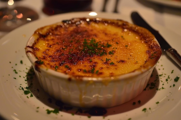 Gourmet creme brulee dessert closeup