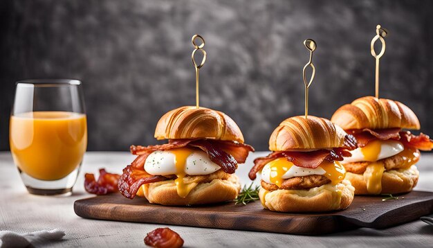 Photo gourmet croissant breakfast sliders with egg and bacon