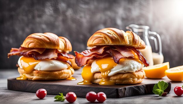 Photo gourmet croissant breakfast sliders with egg and bacon