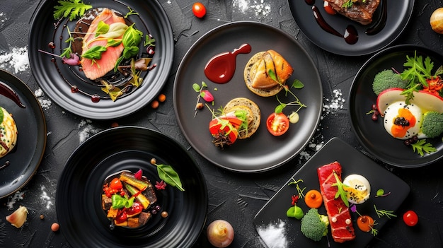 Photo gourmet culinary creations on elegant black plates