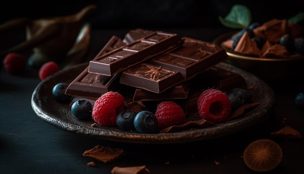 A gourmet dark chocolate raspberry slice on a rustic plate generated by AI