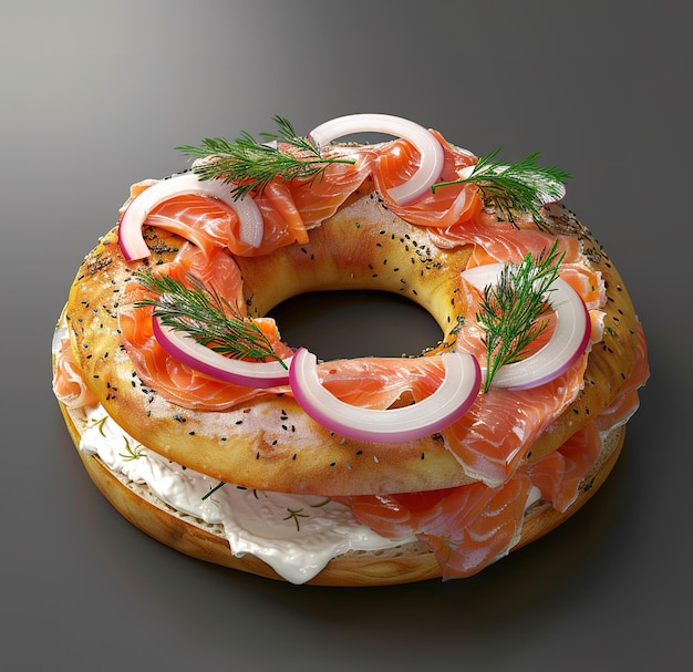 A gourmet delight closeup of a freshly made scone topped with cream cheese smoked salmon onion and dill