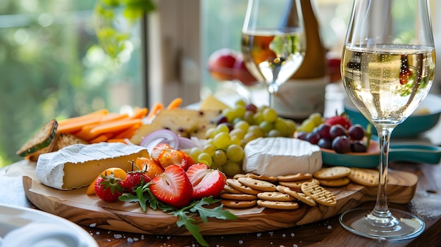 Gourmet Delights Spread on Wooden Platter Basking in Sunlight of a Cozy Room