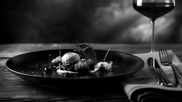 Photo gourmet dessert on black plate with wine glass and cutlery