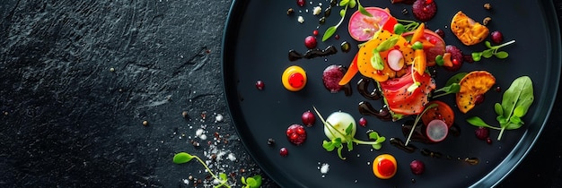 Photo gourmet dish artfully arranged on a dark black plate showcasing elegance refinement