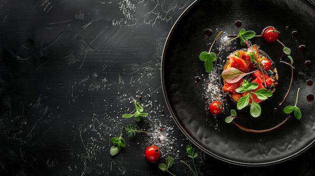 Photo gourmet dish on a black plate with fresh greens and cherry tomatoes minimalistic food styling perfect for culinary content ideal for recipe blogs and gastronomic websites ai