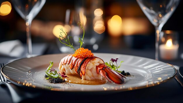 Photo a gourmet dish featuring lobster caviar and garnishes elegantly presented for fine dining